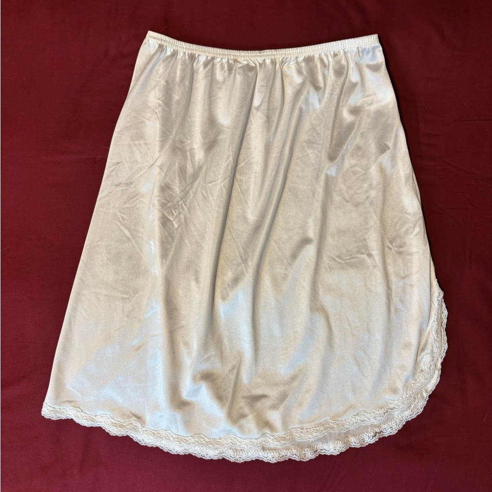 sheer white satin slip skirt with lace trim (brand Cabernet)